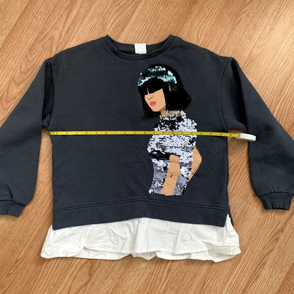 Zara Sequined Girl Graphic Peplum Crewneck Cotton Sweatshirt Size 13-14 - Picture 5 of 12